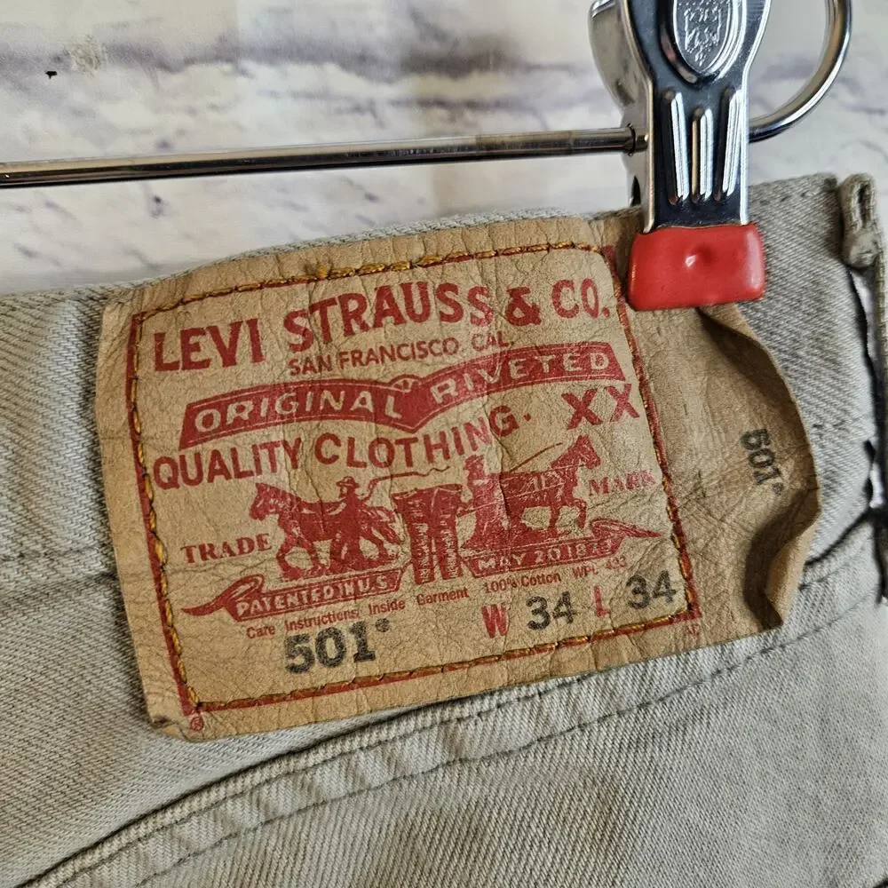 Vintage Levis Jeans Mens 34x34 Beige 501 Button Fly Denim Pants Skate Work Y2K - Picture 5 of 10